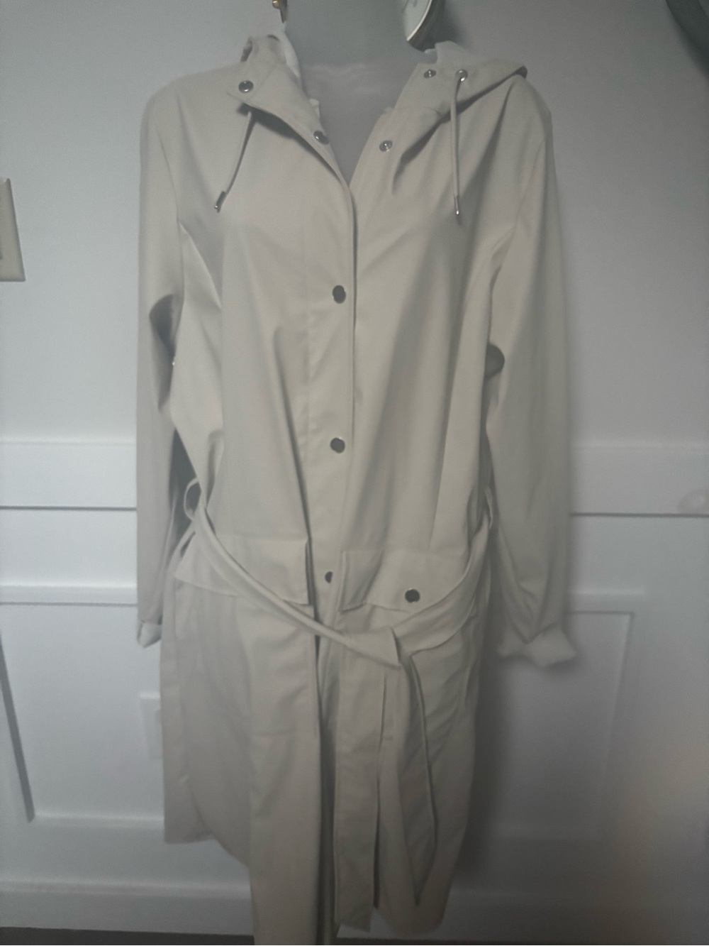 Rains Curve Waterproof Belted Jacket Light Beige Hooded Raincoat for Women
